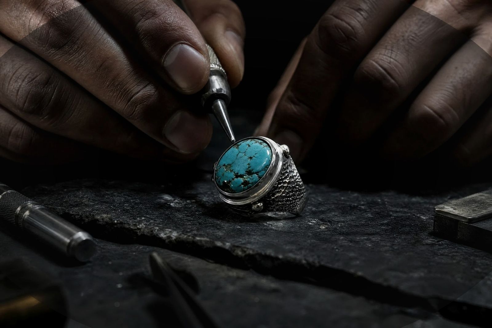 A craftsman setting a turquoise stone into a silver ring